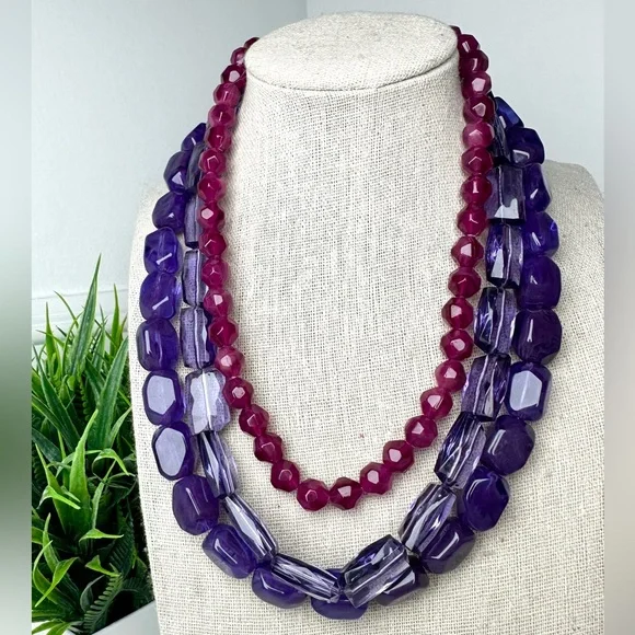 Triple Strand Beaded Necklace in Purple - Picture 1 of 5